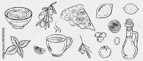 Hand drawn Mediterranean food set with pizza slice, olives, lemon, basil, sauce bowl, and olive oil. Italian lunch. Vector sketch illustration in vintage crayon charcoal style