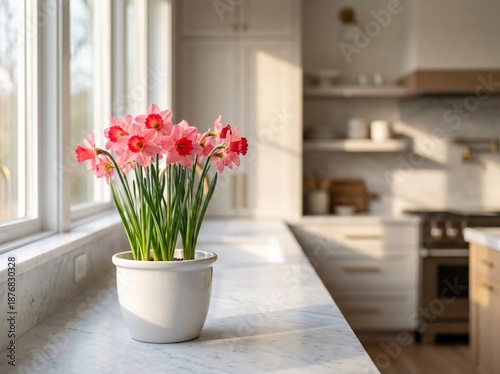 A vibrant pink tulip and spring hyacinth bouquet sits in a glass vase on a sunlit interior window table, creating a fresh floral decoration for home nature design