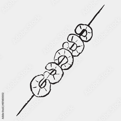 Hand drawn shrimp skewer. Vector sketch illustration in vintage crayon charcoal style. Lunch time, grilled shrimps