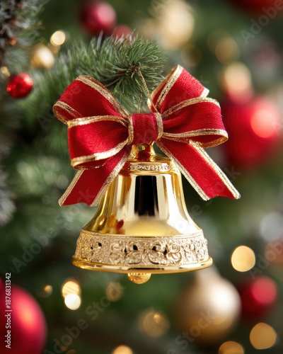 Golden Christmas Bell Ornament with Red Bow and Tree Decorations for Holiday Celebrations