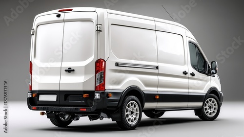 Blank white commercial cargo van mockup. Delivery truck for transport and logistics services isolated on a gray studio background