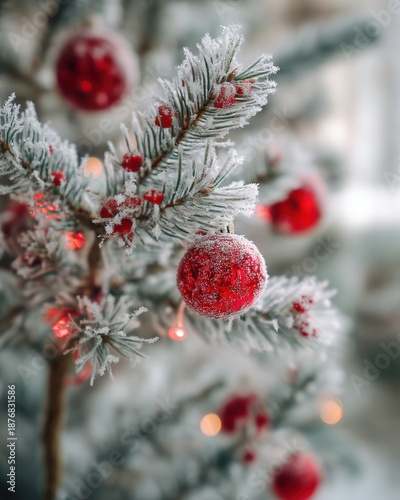 Frosted Christmas Tree Ornament with Red Baubles in a Cozy Winter Setting