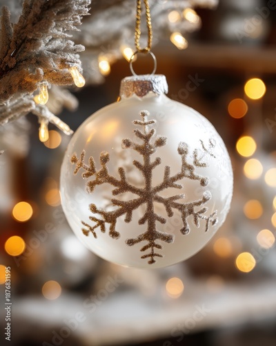 Elegant Frosted Christmas Ornament with Snowflake Design Against Blurred Golden Lights Background