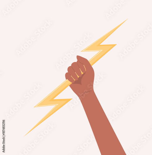 Dark-skinned hand holding up a yellow lightning bolt, flat vector illustration