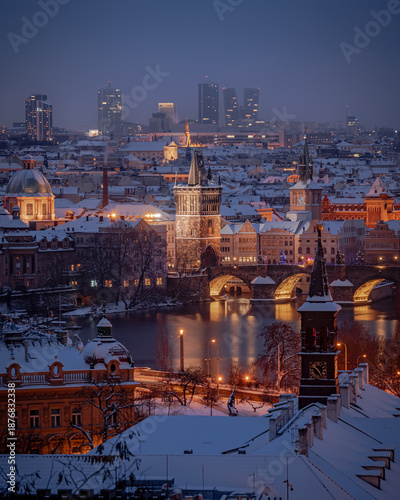 city, architecture, church, czech, night, view, sunset, europe, travel, skyline, cityscape, snow, building, prague, landmark, sky, landscape, tower, winter, cathedral, old, castle, charles, tourism