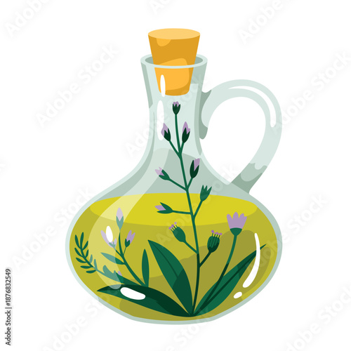 A transparent glass bottle of olive oil and vinegar stands beside a clean ceramic pitcher and a decorative olive oil vase, creating a refined liquid container display isolated on a white background