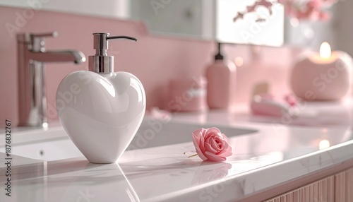 Heart Shaped Soap Dispenser and Rose on a Marble Bathroom Countertop
