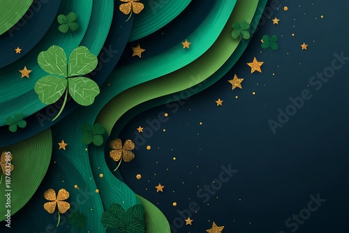 Abstract layered green background with clovers and golden stars st patrick s day