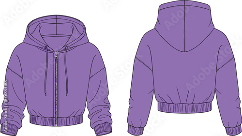 Front and back technical sketch of purple hooded zip-up jacket with drawstring and ribbed cuffs for fashion design and garment construction reference.