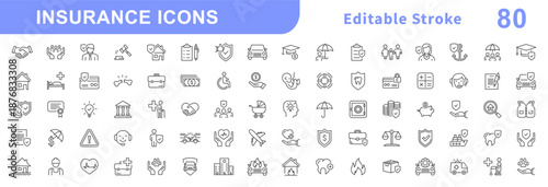 Insurance icons set. Collection of insurance and assurance icons in thin line style. Protection of health, life, property, car, home, travel insurance icons and more. Editable stroke. Vector