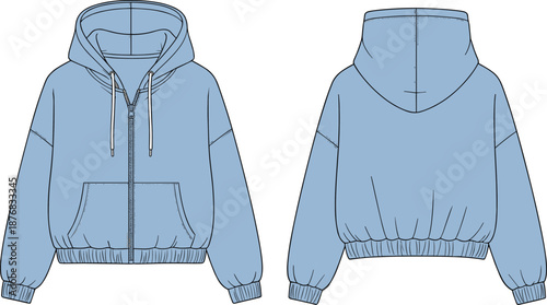 Blue zip-up hoodie technical flat sketch front and back view with drawstring hood, kangaroo pocket, ribbed cuffs and hem for apparel design