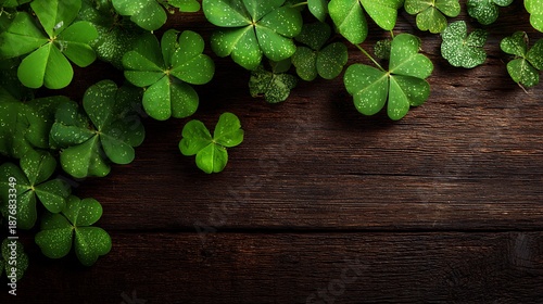 green clover leaves on a dark wooden surface with water droplets