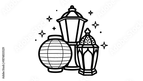 Illuminating Celebration: Artistic depiction of elegant lanterns, sparkling against a backdrop of twinkling stars, evoking a sense of festive celebration and enchantment.