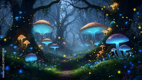 A enchanted forest with glowing mushrooms and fireflies enveloping the viewer in magical whimsy