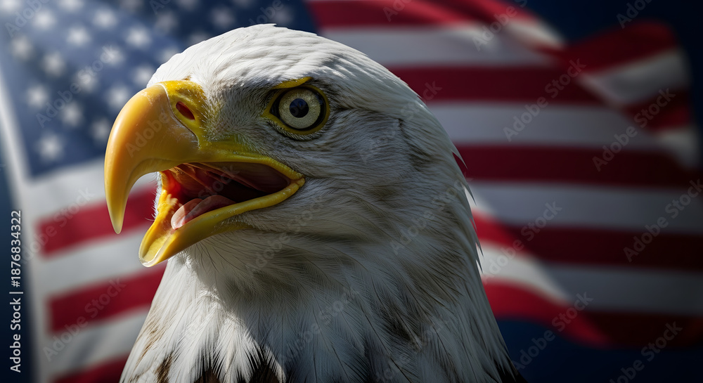 Naklejka premium Majestic bald eagle headshot with an open beak against a blurred american flag background