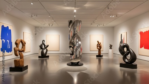 A modern art gallery with abstract sculptures and soft lighting immersing the viewer in contemporary creativity