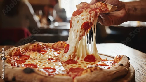A hand taking a slice of hot pepperoni pizza with melted cheese against a blurred cafe background, suitable for restaurant menus, food delivery apps, cooking blogs, fast food and culinary advertising