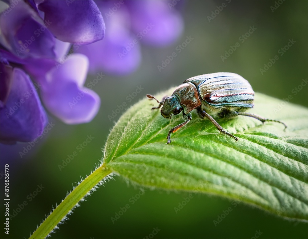 Fototapeta premium small beetle resting on a delicate lavender flower atop a vibrant green leaf in a misty forest