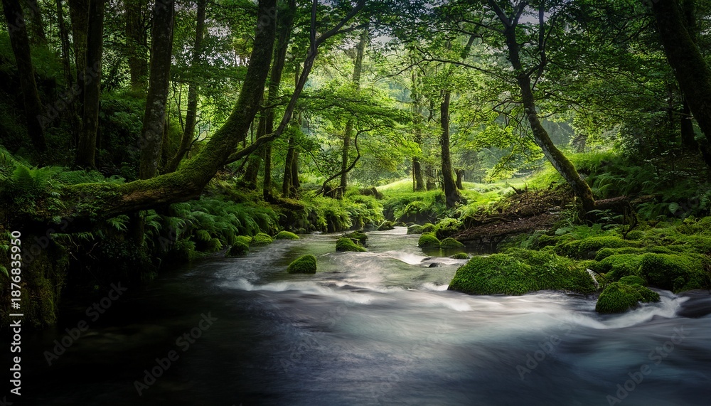 Obraz premium lush green forest with a mystical river flowing through a dark atmospheric landscape