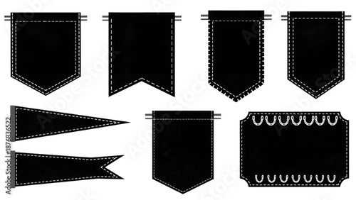 Set of eight distinctive black banners and pennants featuring elegant dashed stitch outlines.