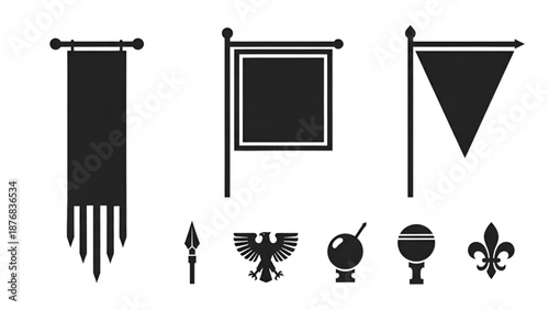 Collection of medieval-themed black banners and various traditional heraldic symbols.