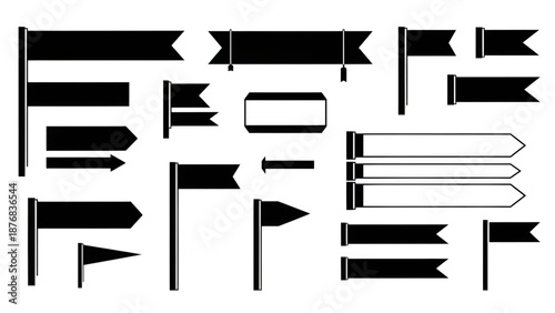 Comprehensive set of diverse black flag and banner shapes for various symbolic purposes.