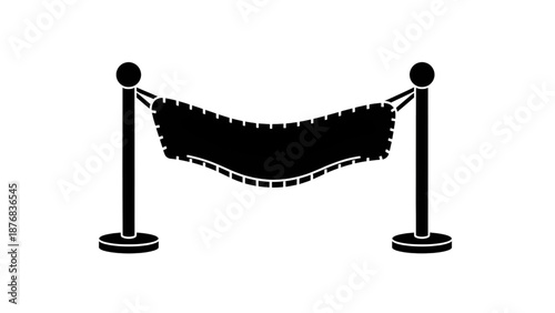 Wavy black banner with a dashed border hangs between two decorative stanchions.