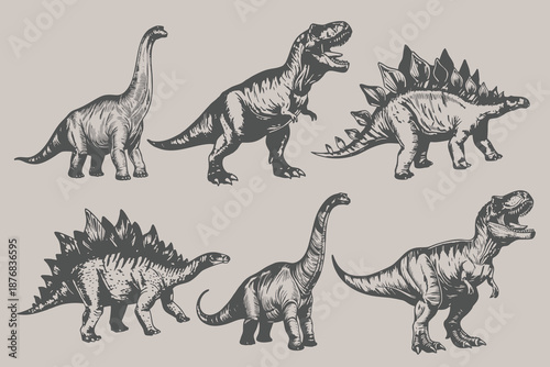 Dinosaur set hand drawn sketch illustration. Diplodocus outline print, woodcut engraving Jurassic reptile sticker, skull. Eps 10