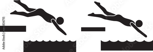 Two silhouette swimmers diving in water sport fun