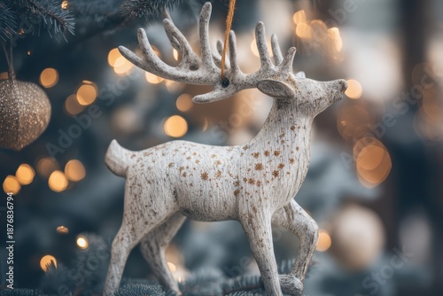 Elegant Wooden Reindeer Ornament Decorated with Gold Stars and Antlers Hanging on a Christmas Tree with Blurred Background Lights
