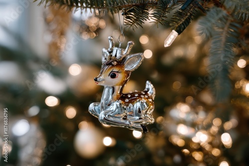 Adorable Christmas Ornament of Fawn Reindeer Hanging on a Tree with Blurred Lights in Background for Festive Decor