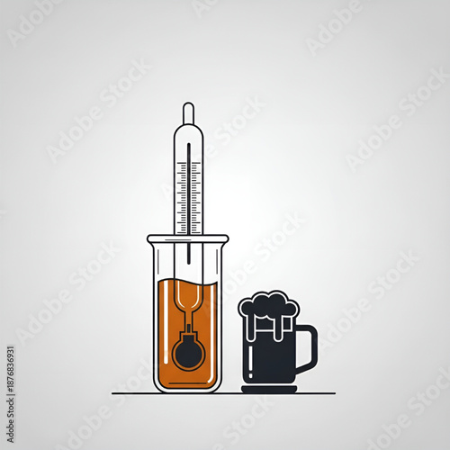 Scientific illustration depicting a hydrometer measuring specific gravity in a test tube of beer wort.