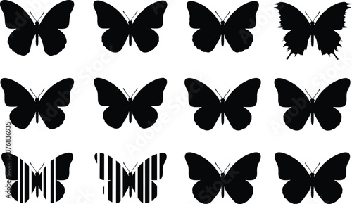 Silhouettes of twelve butterfly icons with varied wing shapes for pattern recognition, nature, decorative, and vector design illustration content