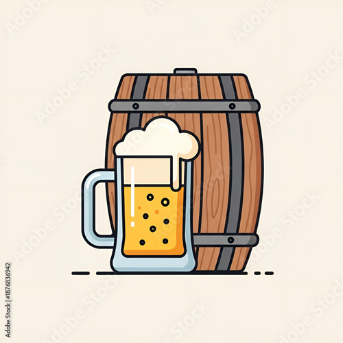 Vibrant flat illustration of a beer mug next to a classic wooden barrel.