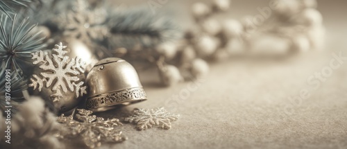 Festive Silver Bells and Snowflakes on Soft Background for Holiday Seasonal Decoration Concept