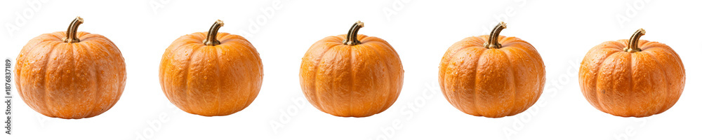 Obraz premium A row of five bright orange pumpkins, each displaying unique textures and shapes, ideal for autumn decor and festive seasonal displays