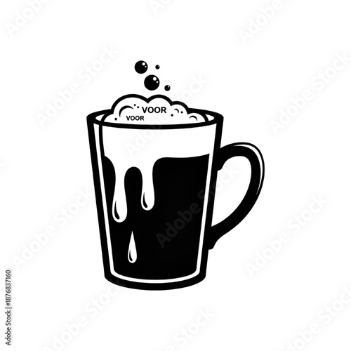 Black and white illustration of overflowing beer mug displaying 'VOOR' text.
