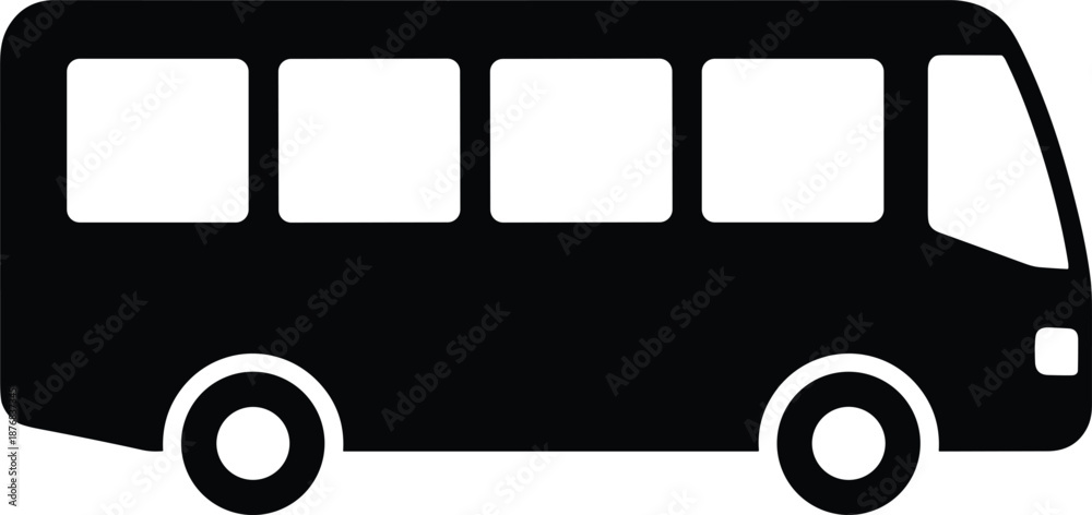 Obraz premium Modern city bus icon set with front view and side profile silhouette designs for public transportation transit travel logistics.