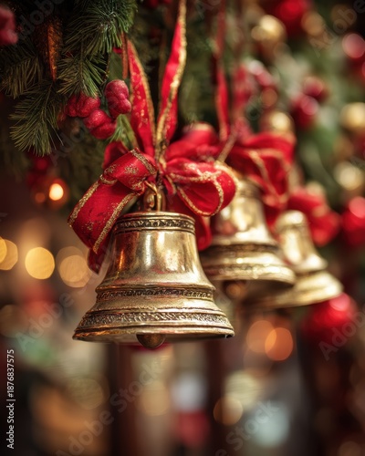 Ornate Christmas Bells Decorated with Red Ribbon and Holly, Captured in a Warm Festive Atmosphere