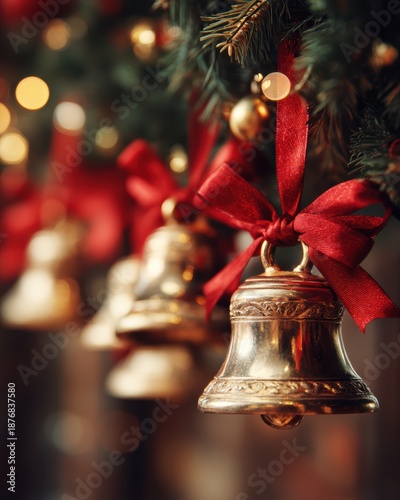 Shiny Golden Bells with Red Ribbons Hanging on a Festive Christmas Tree Background with Soft Bokeh Lights