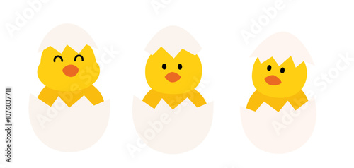 Easter chick clipart set sitting inside an eggshell flat vector. 
Baby Chick Hatching Egg Easter Clipart Collection.
Transparent background.