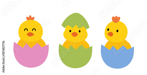 Easter chick clipart set sitting inside an eggshell flat vector. 
Baby Chick Hatching Egg Easter Clipart Collection.
Transparent background.