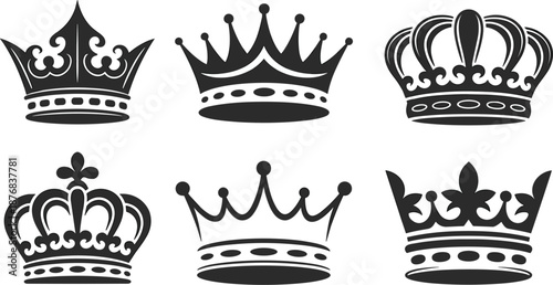 Black royal crown silhouettes vector set with various regal king and queen headwear styles for logo