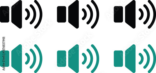 Speaker Volume Sound Icons in Black and Teal Color Showing Audio Output, Loudness, and Media Control Concept