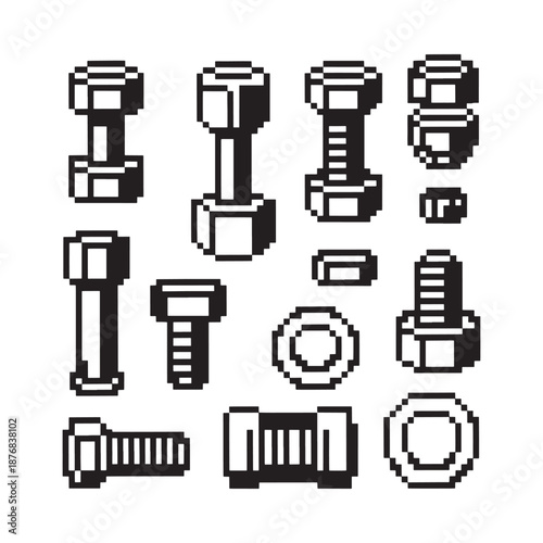 Pixelated illustration displaying various types of bolts screws nuts and washers