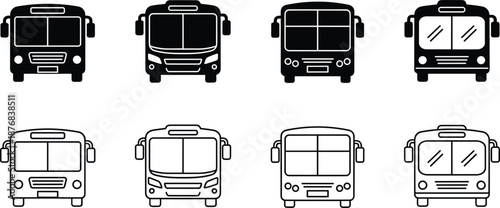 Professional city bus icon set featuring front view minimalist solid black and outline public transit vehicle design elements