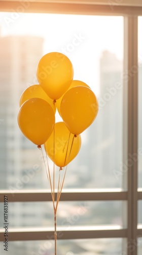 Bright Yellow Balloons in Sunlight Decorate Modern Indoor Space for Festive Celebrations and Cheerful Atmosphere