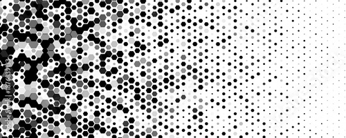 Hexagon Halftone Background, Monochrome Honeycomb And Dots On White With Right Copy Space, Modern Tech Gradient For Banners, Posters, Web And Print. Vector Illustration