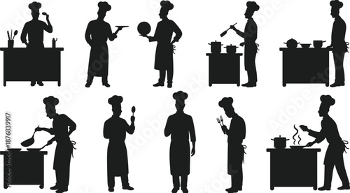 Chef silhouette set, black cooking activity icons, culinary task illustration, kitchen staff poses, food preparation graphic, apron and hat