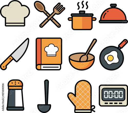 Colorful kitchen icon set, cooking and food prep symbols, culinary tool illustrations, chef graphic collection, kitchenware design elements